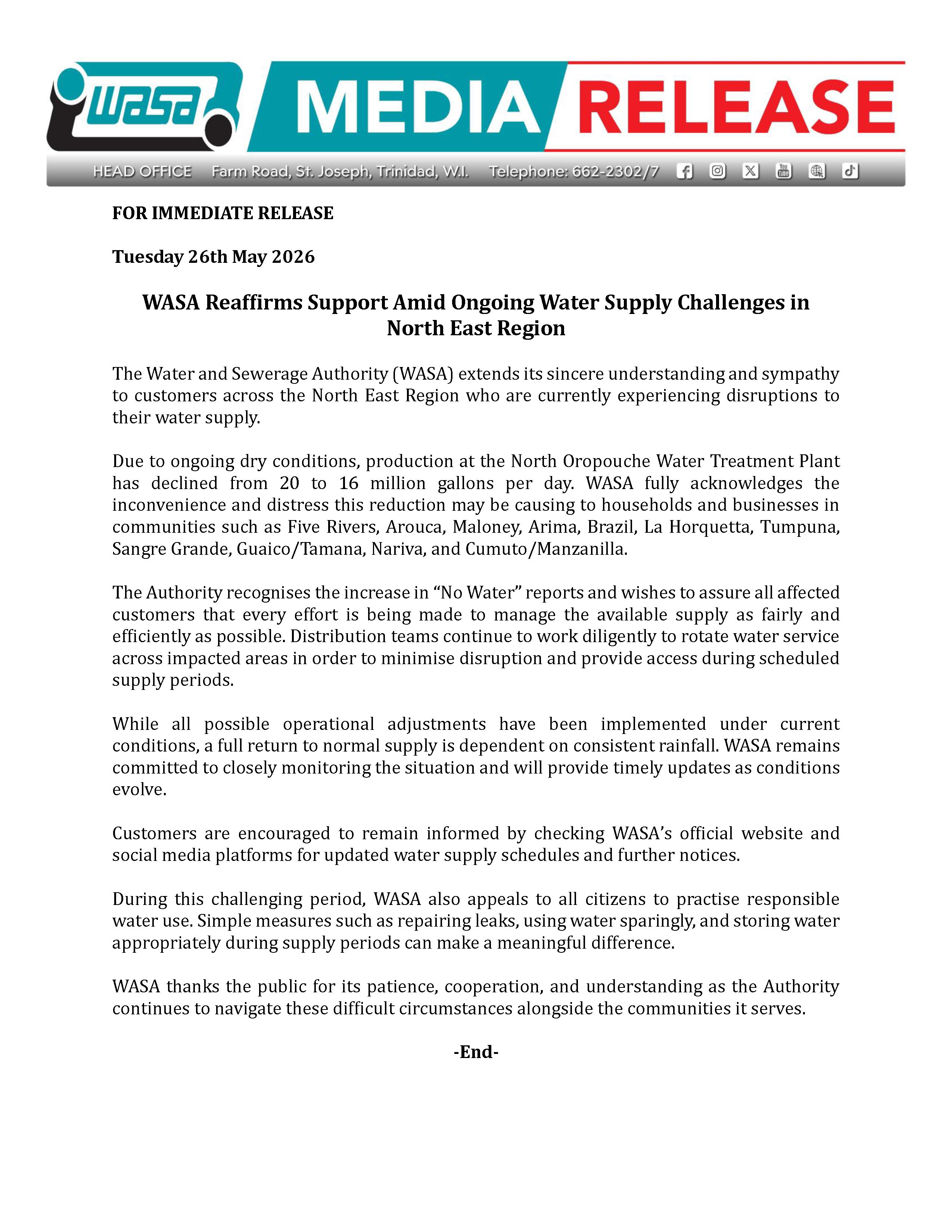 WASA Reaffirms Support Amid Ongoing Water Supply Challenges in North East Region